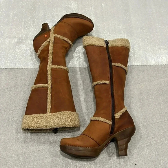 [39/8-8.5]The  Art Company Genuine Mustard Leather MidCalf Wool Heeled Boots - Picture 3 of 14